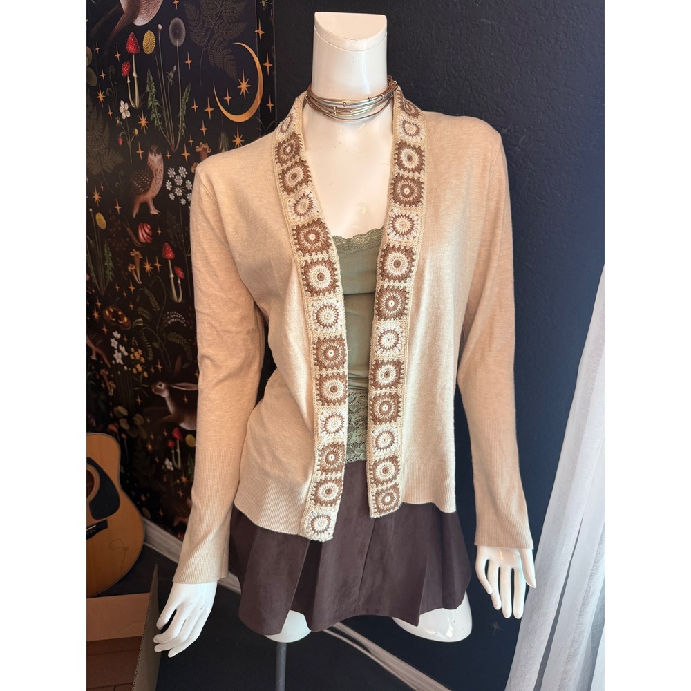 Boho Crochet Trim Open Front Cardigan Beige Oatmeal Knit RN 163742